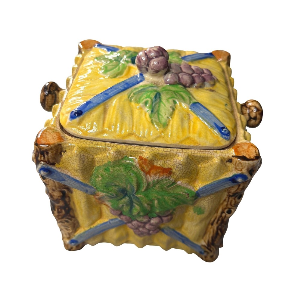 Vintage Majolica Grape Ceramic Lidded Jar Made in Japan Yellow Basketweave